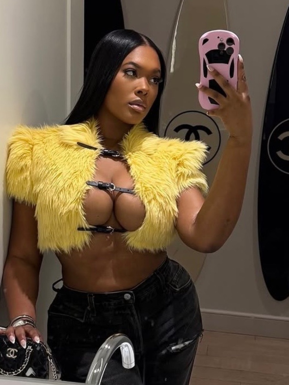 Yellow Crop Fur Vest